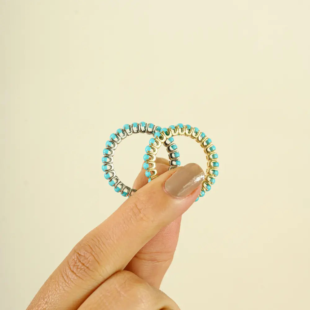 2mm Round Cut Turquoise Full Eternity Band Ring Stacking Everyday Jewelry 14K Yellow Gold