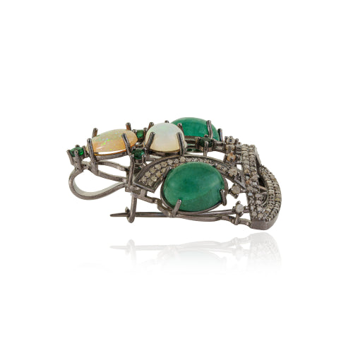 925 Sterling Silver Genuine Emerald & Opal Gemstone Crown Design Brooch Pendant Jewelry