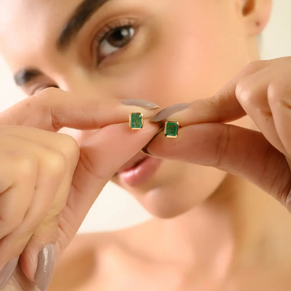 Bezel Set Zambian Emerald Single Stone Stud Earrings Handmade 14K Yellow Gold Jewelry