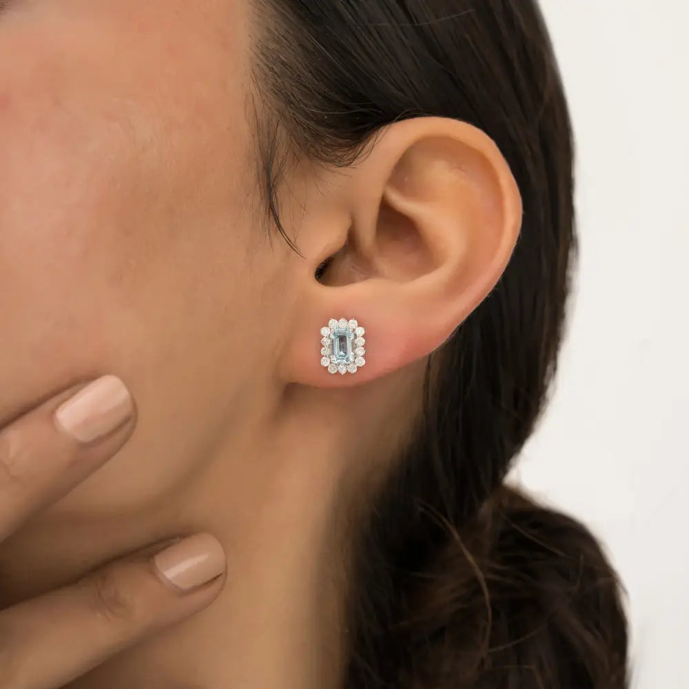 14K Real White Gold Aquamarine & Diamond Cluster Stud Earrings Bulk Handmade Jewelry