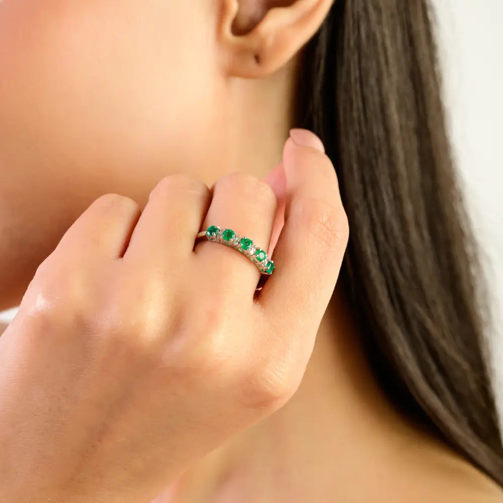 Natural Emerald & Diamond Half Eternity Stacking Ring in 925 Sterling Silver Fine Jewelry