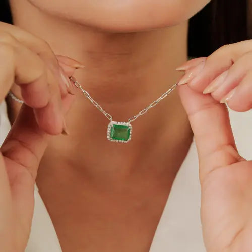 7x9 mm Octagon Shape Natural Emerald & Diamond Cluster 925 Silver Pendant Necklace