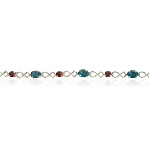 Genuine London Blue Topaz & Garnet Gemstone New Design 925 Silver Tennis Bracelet