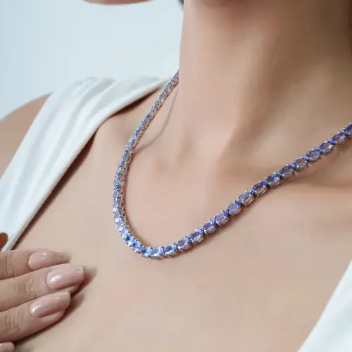 Handcrafted 925 Sterling Silver Oval Tanzanite Gemstone Tennis Necklace For Women's Fine Jewelry