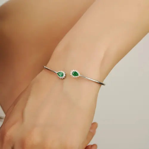 May Birthstone 925 Sterling Silver Natural Pear Cut Emerald & Diamond Open Cuff Bangle