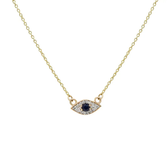 Solid 14K Yellow Gold Natural Sapphire & Diamond Evil Eye Pendant Necklace