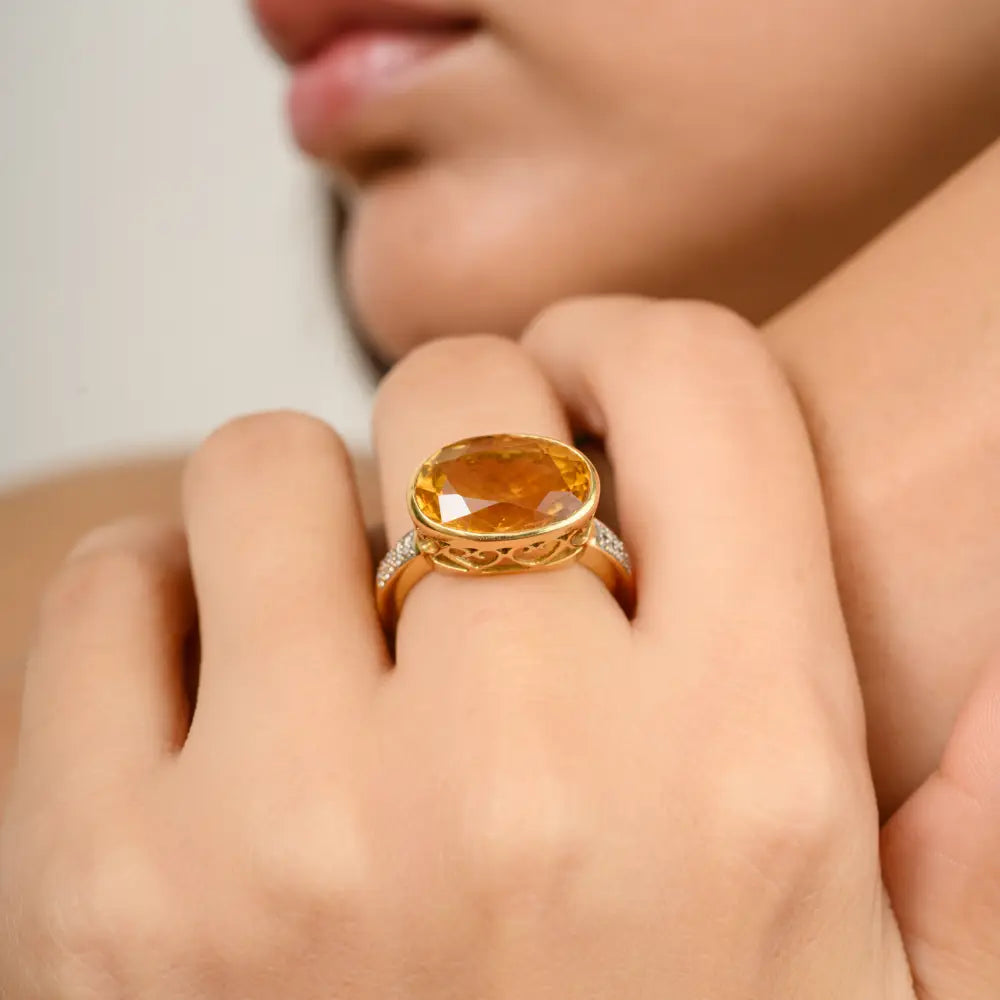 Classic Style 18k Yellow Gold Natural Citrine & Diamond Statement Ring For Wedding Custom Made Jewelry