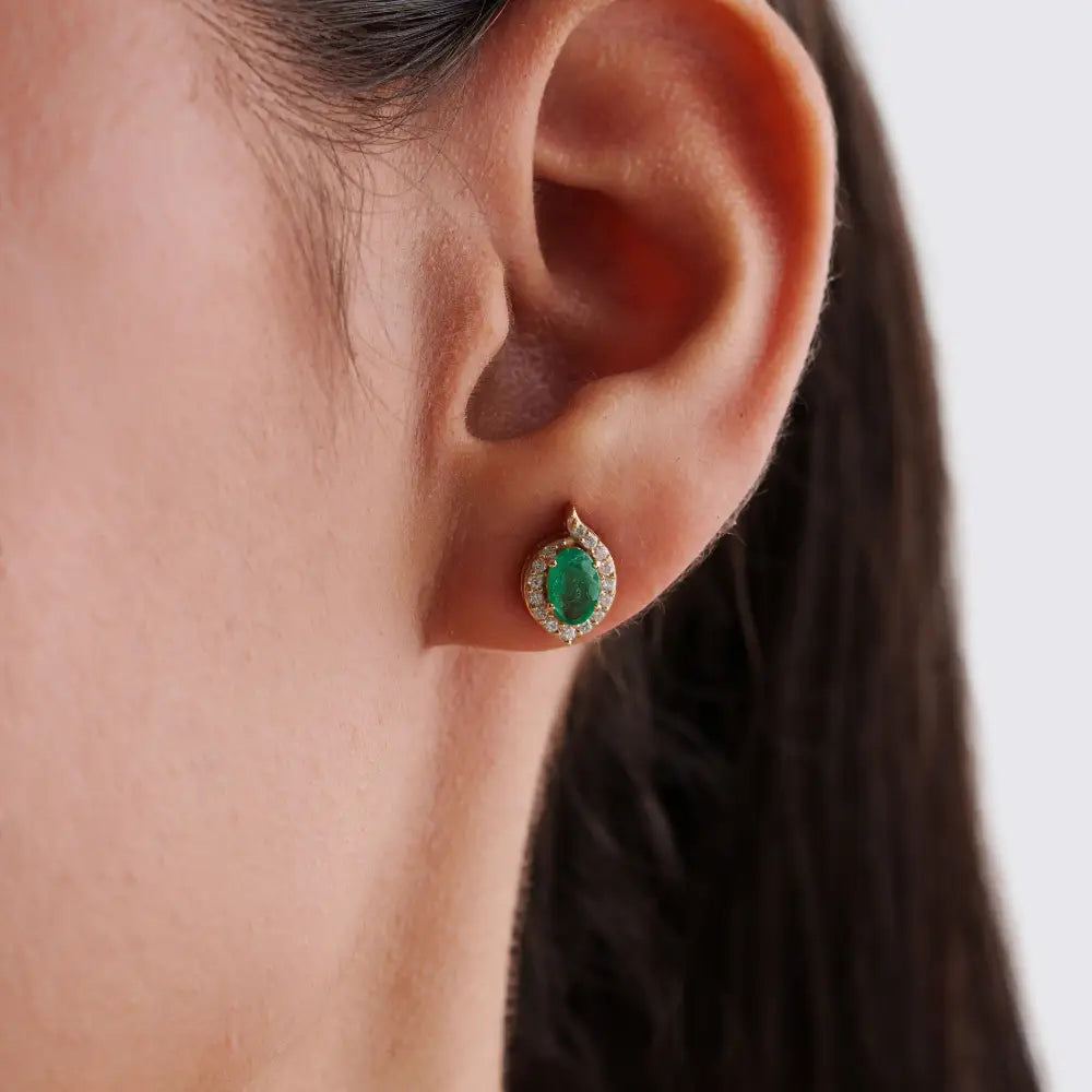 Trendy Design K14 Yellow Gold Emerald & Diamond Halo Stud Earrings For Daily Wear Jewelry