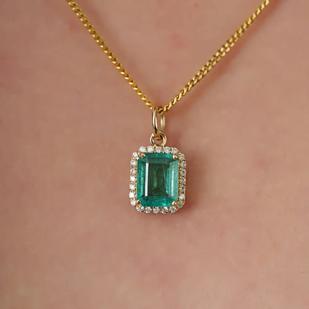 Trending Design 14K Yellow Gold Emerald & Diamond Halo Pendant May Birthstone Jewelry