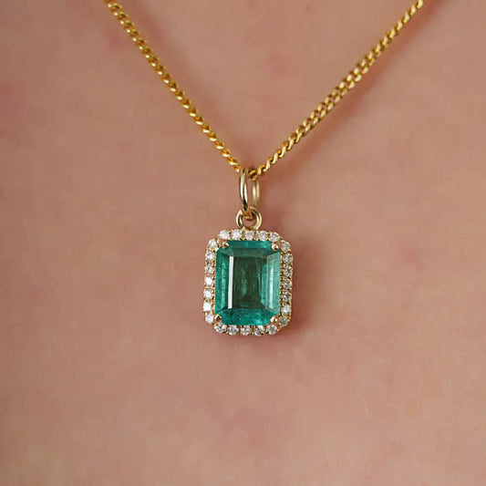 Trending Design 14K Yellow Gold Emerald & Diamond Halo Pendant May Birthstone Jewelry