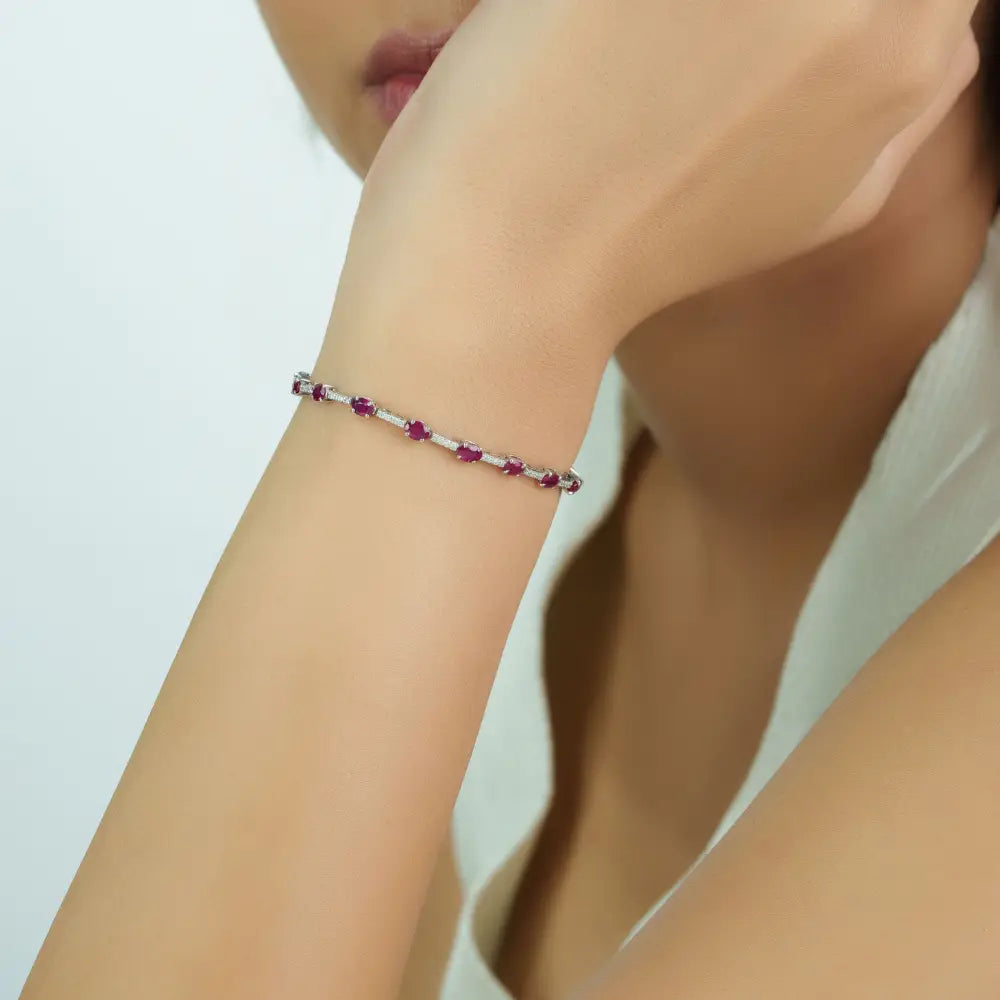 Precious Gemstone 14K White Gold Ruby & Diamond Sleek Tennis Bracelet Stackable Jewelry