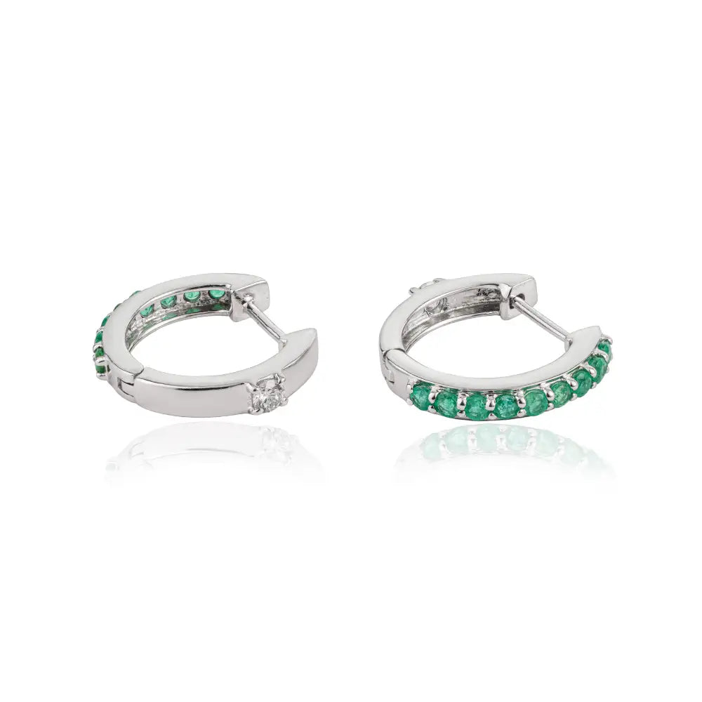 Precious Gemstone Jewelry Solid K18 White Gold Emerald & Diamond Huggie Hoop Earrings