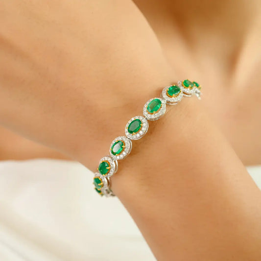 Luxurious High Quality Emerald & Diamond 18K Solid Two Tone Gold Halo Tennis Bracelet