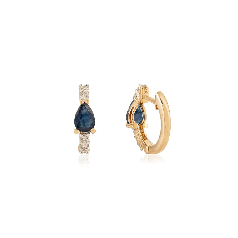 4X6 mm Pear Shape Blue Sapphire & Diamond K14 Yellow Gold Minimal Hoop Earrings