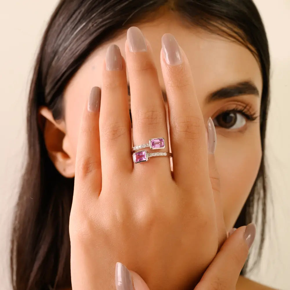 Bezel Setting Pink Sapphire & Diamond Bypass Ring Trending 14K Real White Gold Jewelry
