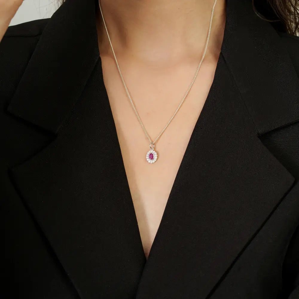 Precious Gemstone Ruby & Diamond Solid 14K White Gold Small Cluster Pendant Anniversary Gift