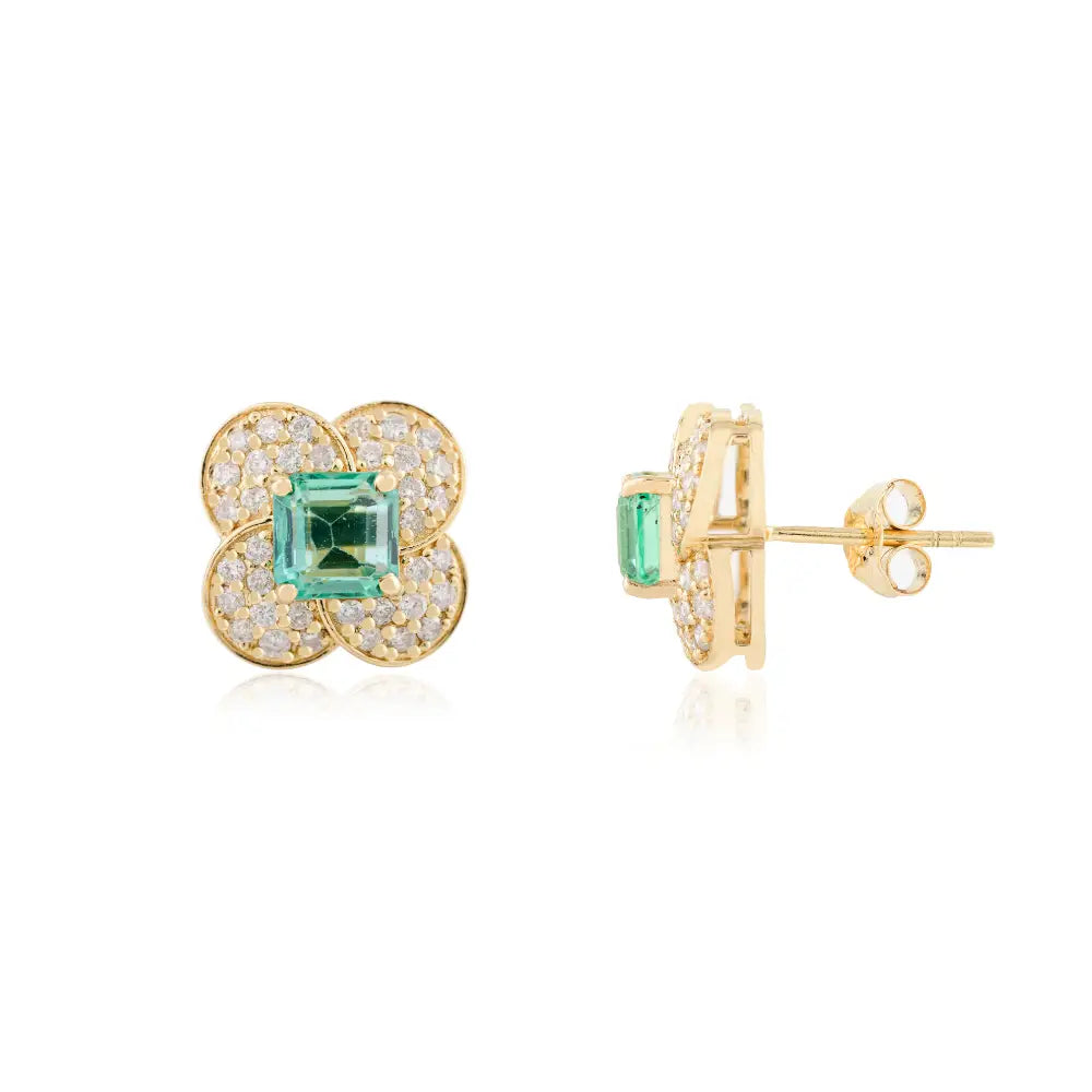 Elegant Floral Design 18K Fine Yellow Gold Emerald Diamond Clover Stud Earrings