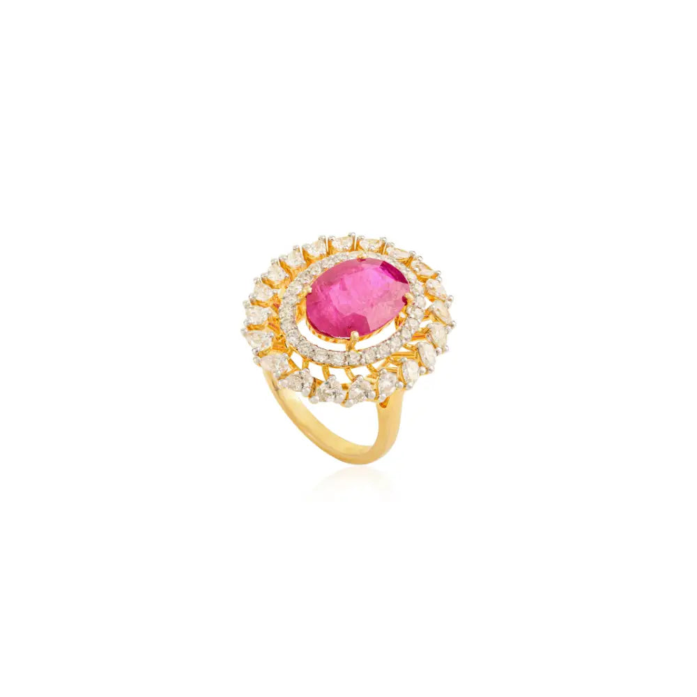 Genuine Ruby & Diamond Solid 14K Yellow Gold Cocktail Ring For Women Party Wear Jewelry