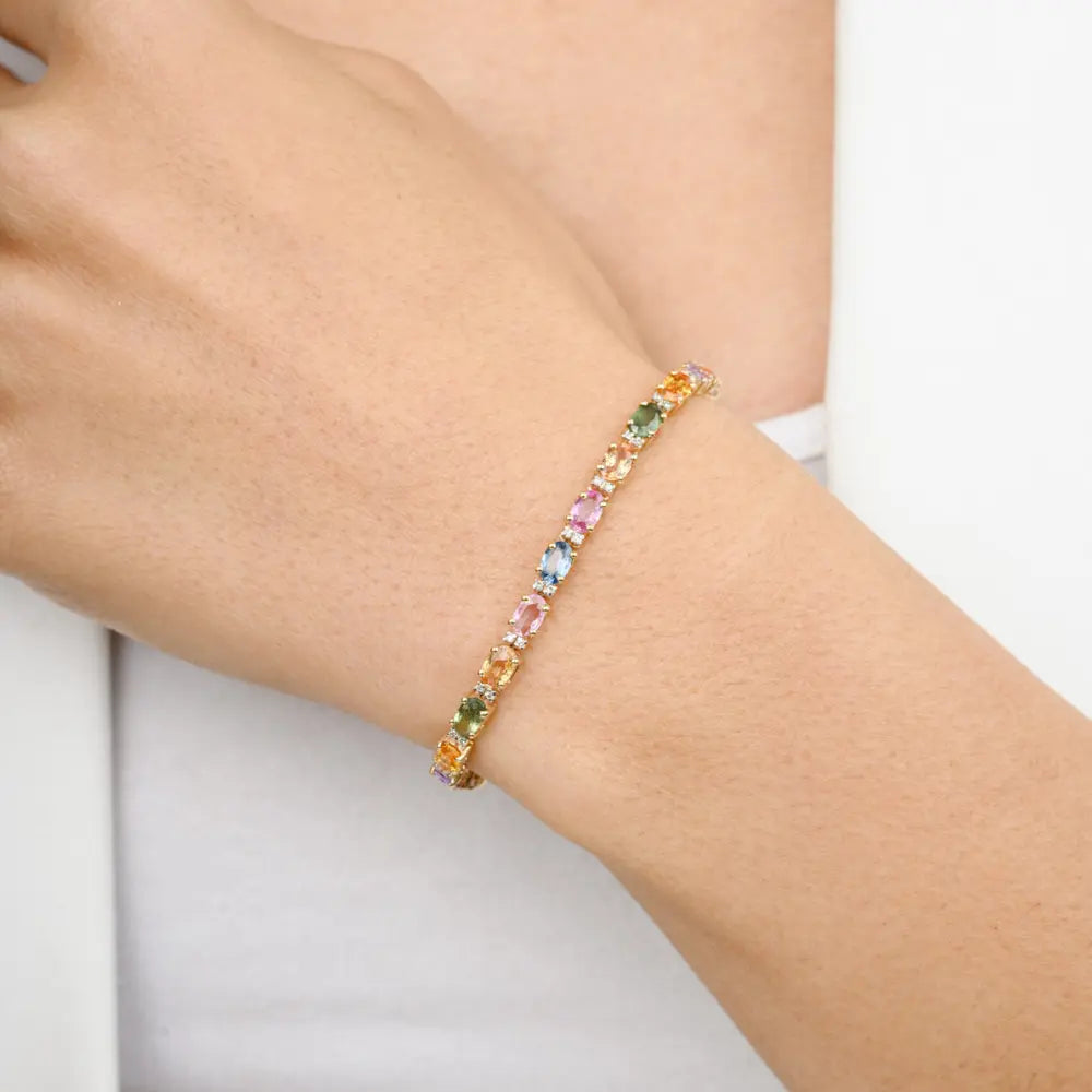 Multi Gemstone & Diamond Solid 14K Yellow Gold Handmade Tennis Bracelet