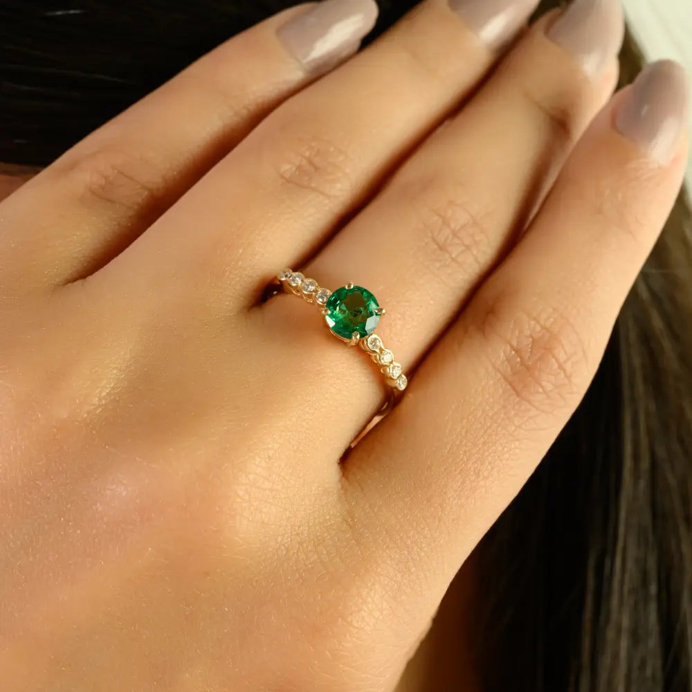 5.6 MM Round Gemstone Emerald & Diamond Engagement Ring Everyday Jewelry 14K Yellow Gold