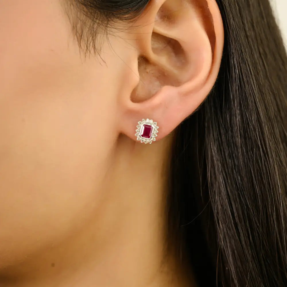 Octagon Shape Ruby & Round Cut Diamond Cluster Halo Stud Earrings 14K Gold Women Jewelry