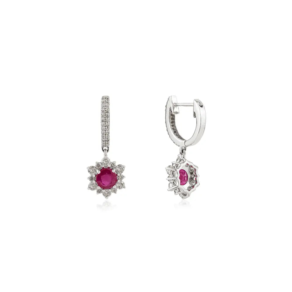 5.5 MM Round Cut Ruby & Diamond Solid 14K White Gold Charm Hoop Drop Earrings Women