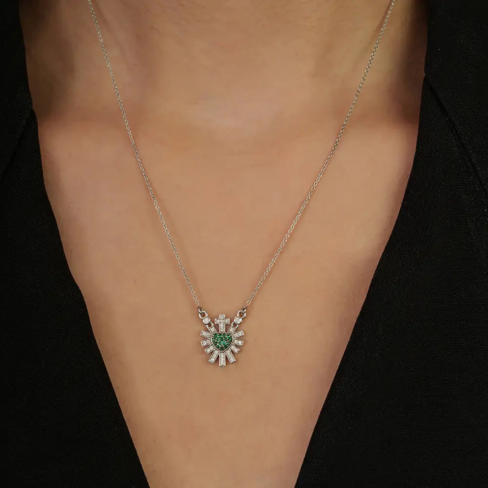 Emerald & Diamond Sacred Heart Sunburst Pendant Necklace For Women 14K Solid White Gold
