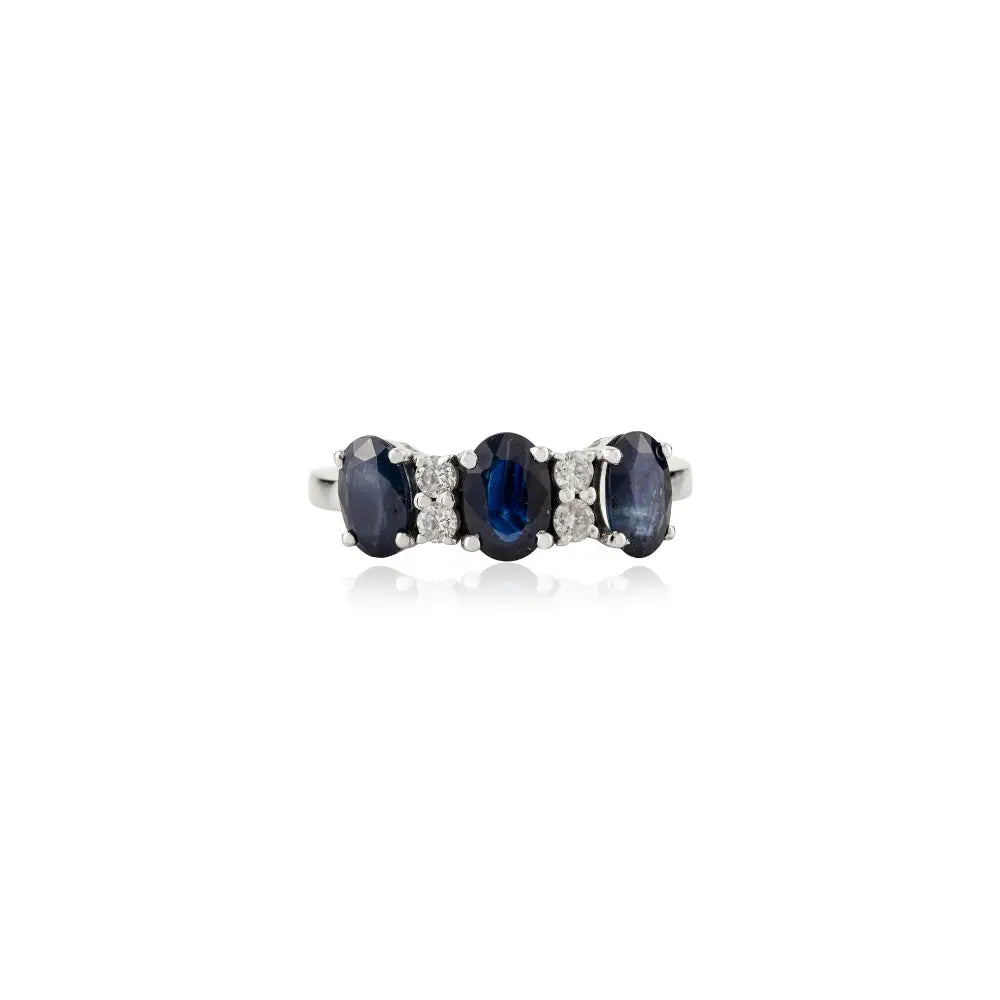 Prong Set Blue Sapphire & Diamond Latest Design 14K Gold Three Stone Ring Stack Jewelry