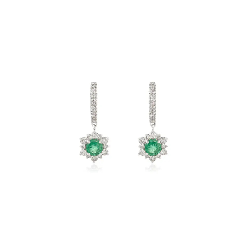 Emerald & Diamond Hoop Charm Drop Earrings For Women Wedding 14K Real White Gold Jewelry