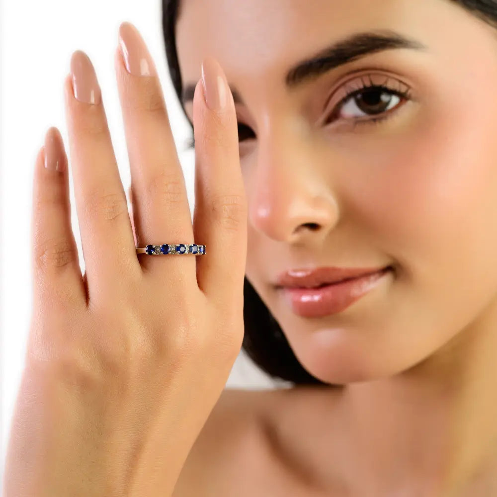 925 Sterling Silver Round Brilliant Cut Blue Sapphire & Diamond Half Eternity Band Ring