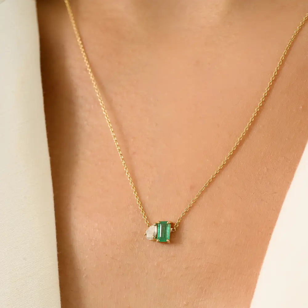 Minimalist Simple Emerald & Diamond Toi et Moi Pendant Necklace Real K14 Gold Jewelry