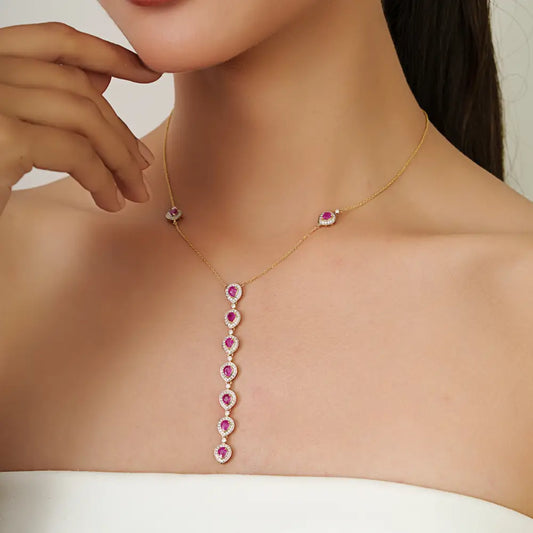 Natural Ruby & Diamond Halo Y Shape Lariat Necklace For Women Wedding 14K Yellow Gold