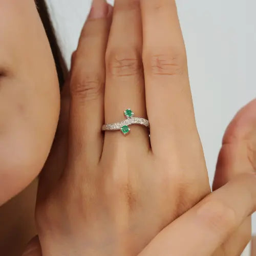 May Birthstone Round Emerald & Diamond 925 Sterling Silver Wave Band Ring For Women's Everyday Wear