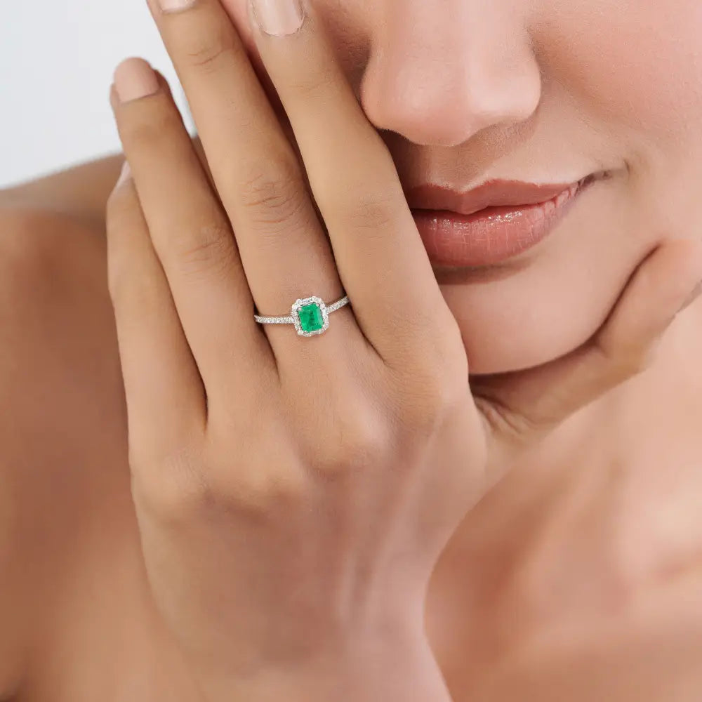 5x4mm Octagon Cut Emerald & Diamond Fine Engagement Stacking Ring 14K White Gold Jewelry