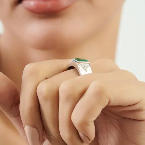 Bold Design 925 Sterling Silver Octagon Cut Emerald & Round Diamond Statement Ring Jewelry