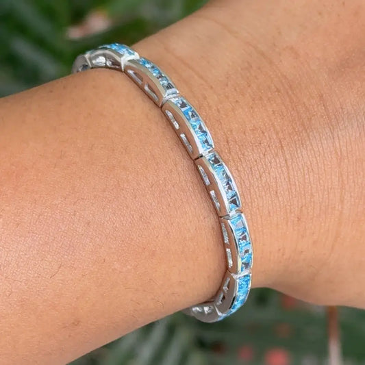 New Latest Design Genuine Blue Topaz Pure 925 Sterling Silver Tennis Bracelet For Women