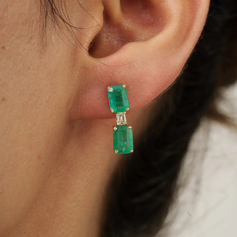 Octagon Cut Emerald & Diamond Drop Earrings K14 Yellow Gold Women Wedding Jewelry