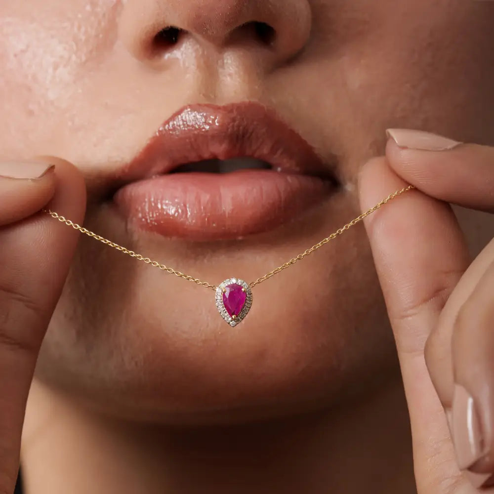 100% Genuine Ruby & Diamond 18K Pure Yellow Gold Single Stone Halo Pendant Necklace