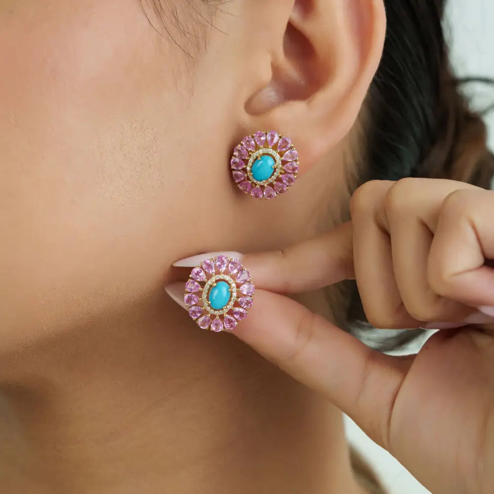 Women's Trendy 14K Yellow Gold Turquoise Pink Sapphire & Diamond Flower Stud Earrings