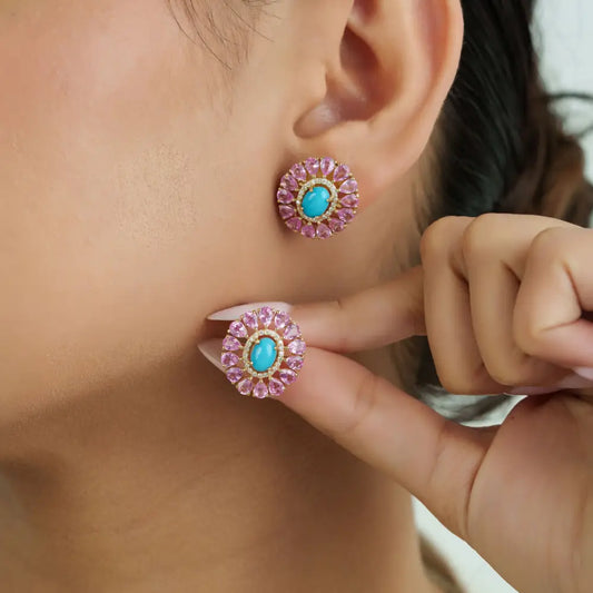 Women's Trendy 14K Yellow Gold Turquoise Pink Sapphire & Diamond Flower Stud Earrings