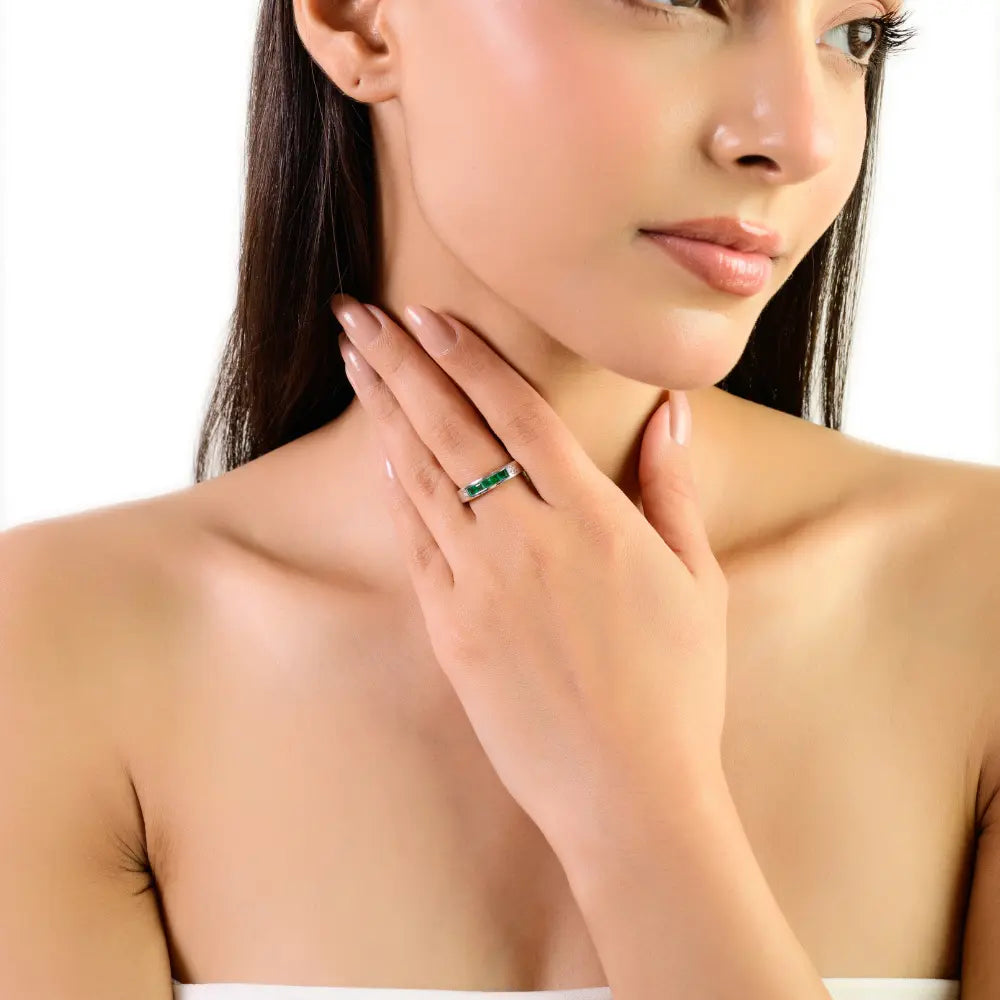 Best Selling Princess Cut Natural Emerald & Diamond Stacking Half Eternity Band Ring 925 Silver