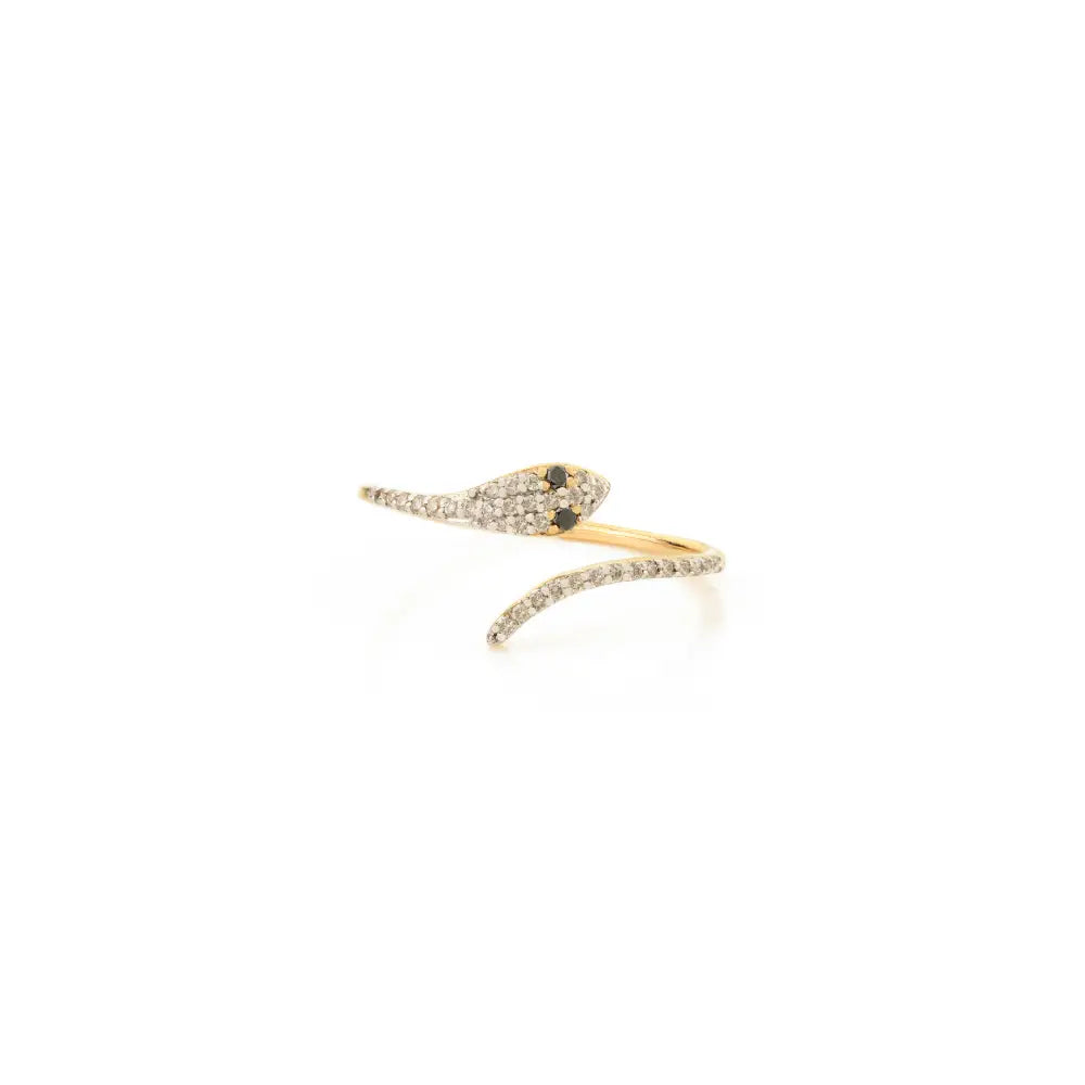Minimalist Natural White & Black Diamond Snake Ring For Unisex 14K Yellow Gold Animal Jewelry