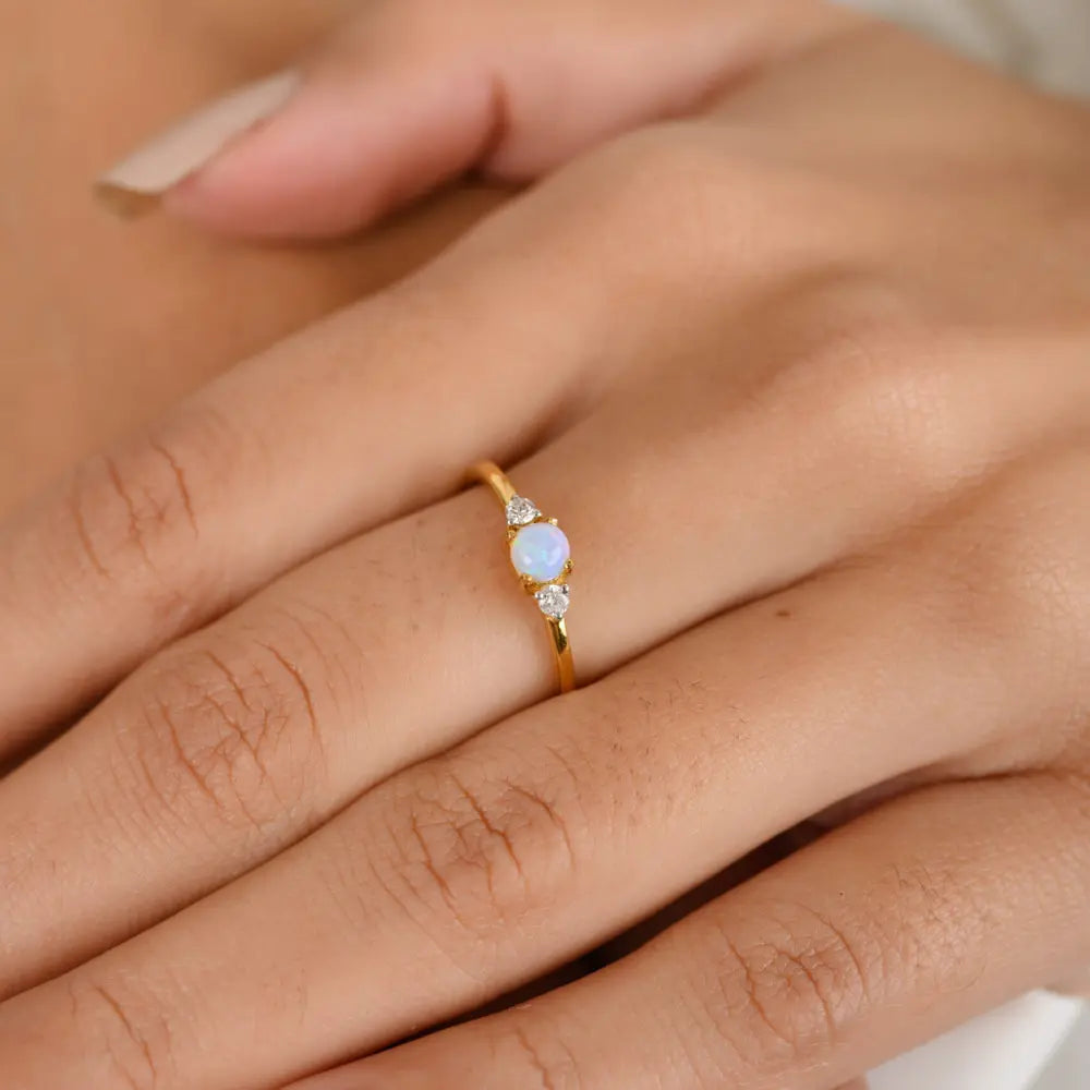 Round Cut Ethiopian Opal & Diamond 18K Solid Yellow Gold Minimal Ring