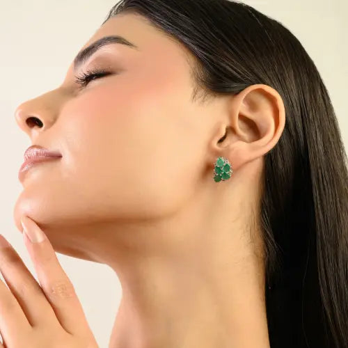 Unique Floral Design Cluster 925 Sterling Silver Natural Emerald & Diamond Stud Earrings For Girls