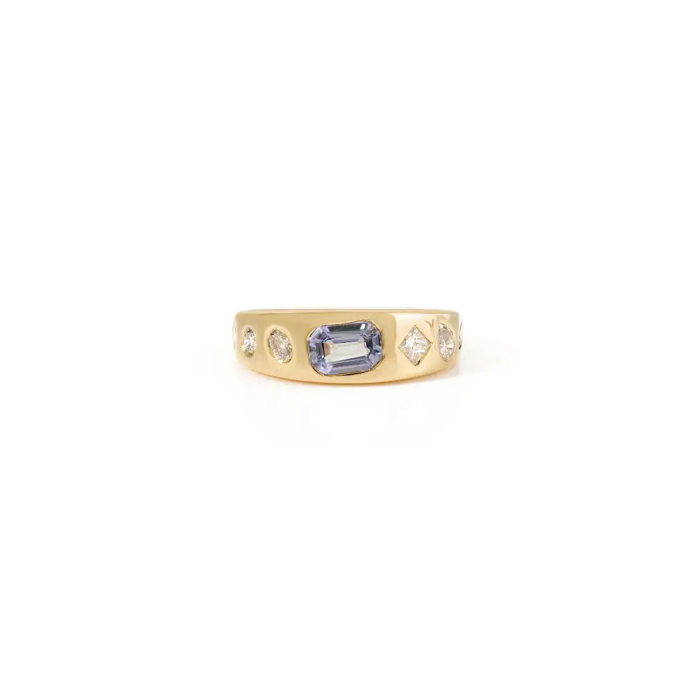 Genuine Blue Sapphire & Diamond New Trendy Chunky Gypsy Ring 18K Gold Unisex Jewelry