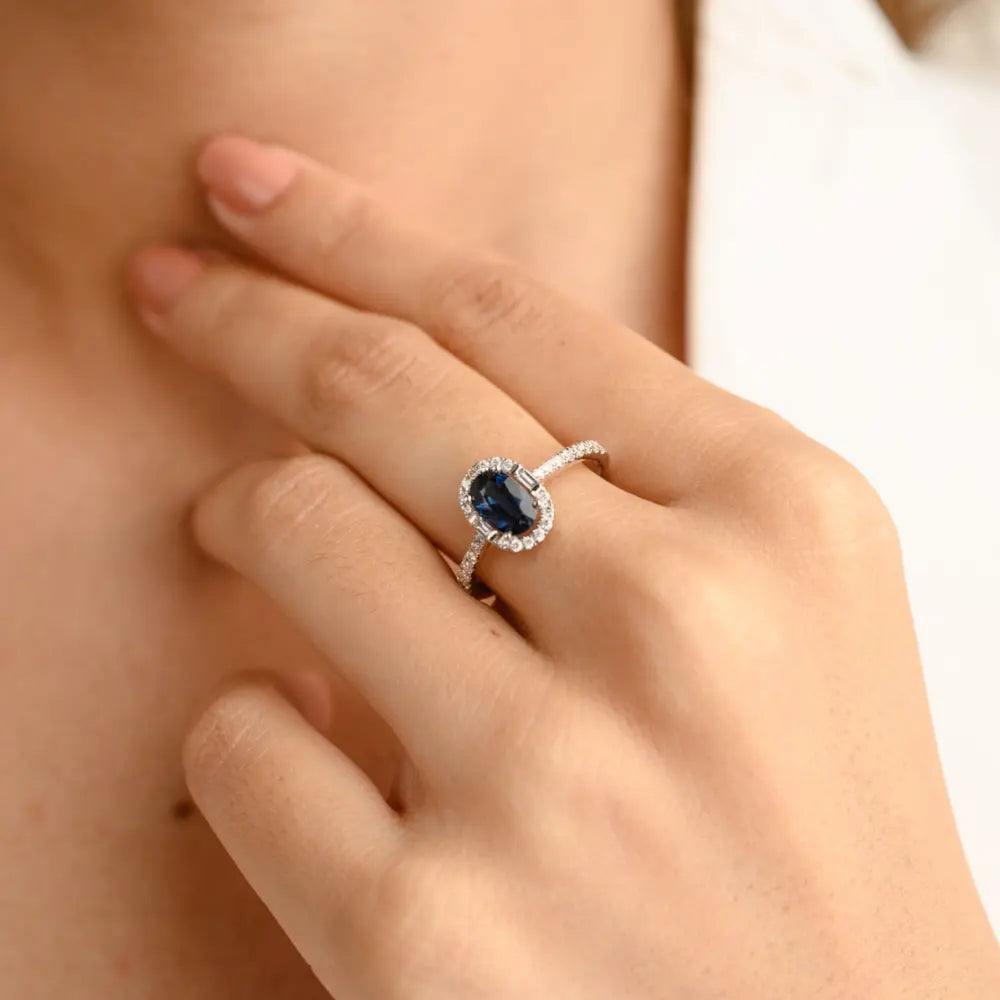 Best Selling Product Natural Blue Sapphire & Diamond 18K Solid White Gold Ring