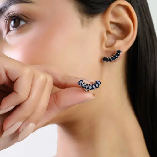 Hot Selling Pear Cut Genuine Blue Sapphire Ear Climber Earrings in 925 Sterling Silver