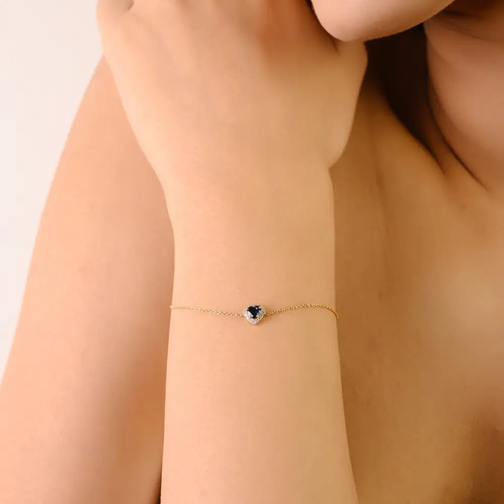 Prong Set Blue Sapphire & Diamond Heart Shape Halo Solitaire Bracelet 14K Yellow Gold Jewelry