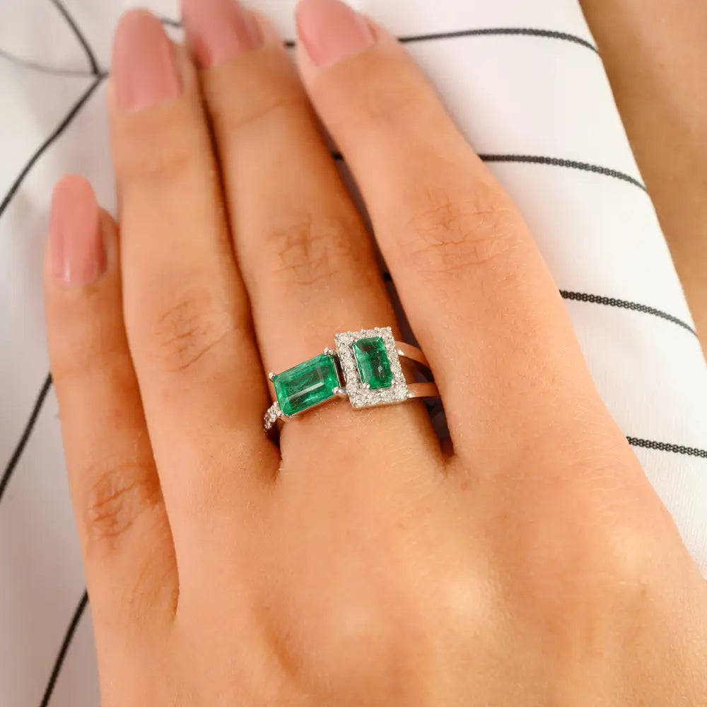 Natural Gemstone Emerald & Diamond Real K14 White Gold Wedding Ring May Birthstone