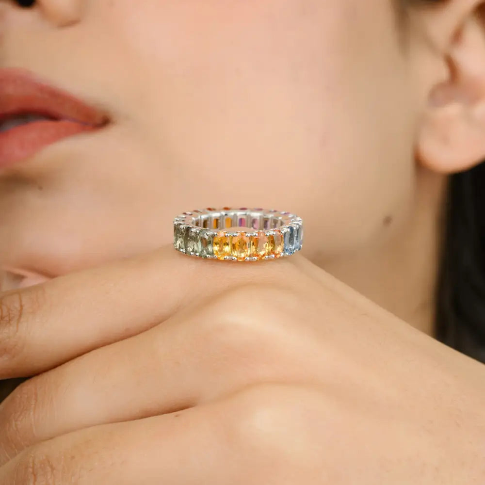 Latest Design 18K White Gold Oval Shape Multi Stone Full Eternity Band Ring